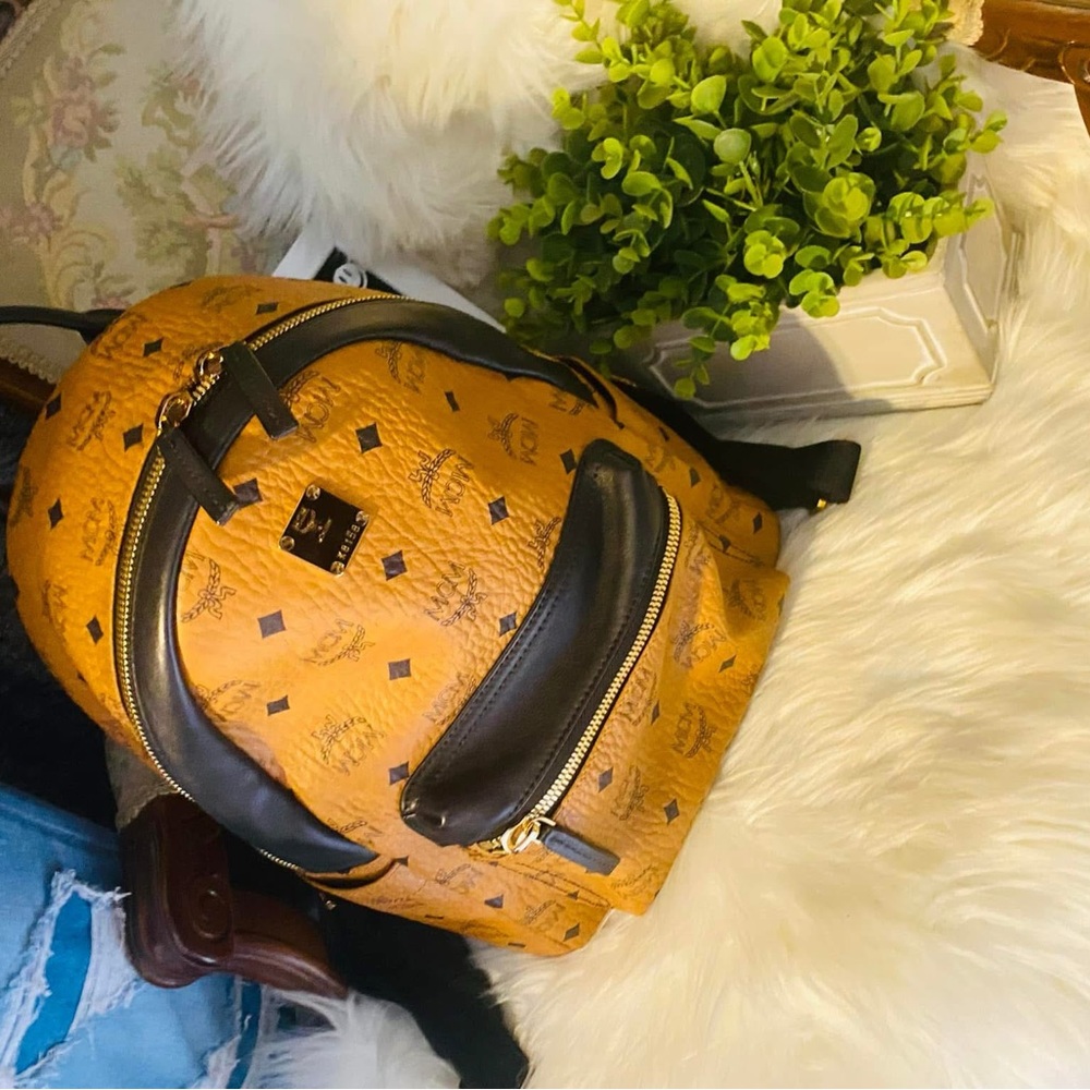 MCM Tan and Black Logo Backpack